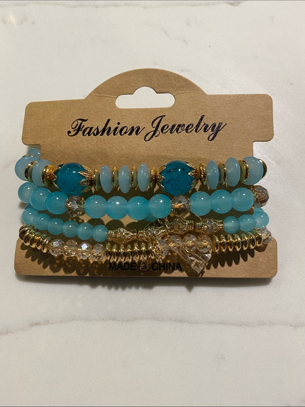 Fashion Jewelry Aqua Beaded Stretch Bracelet Stack with Gold Accents